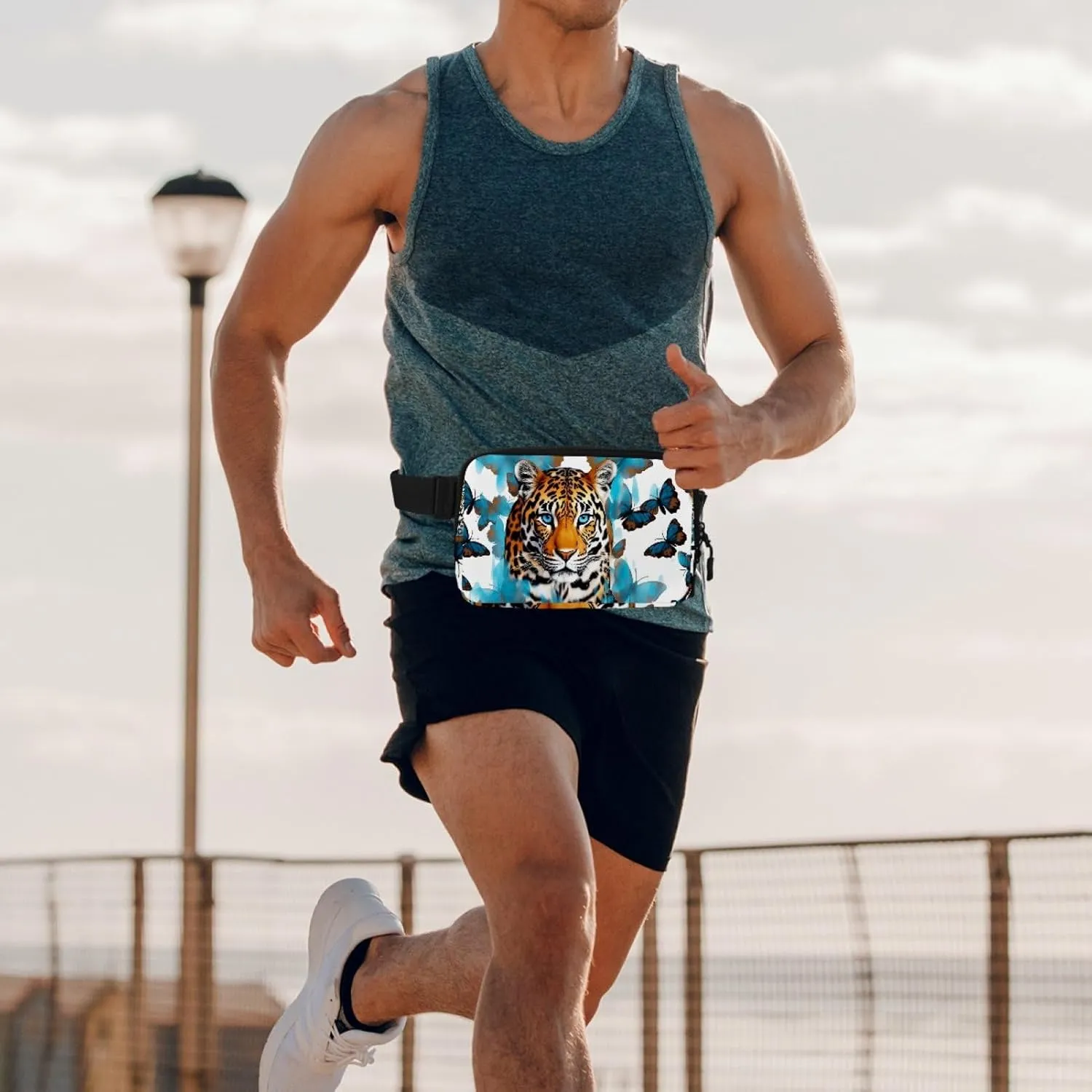 Waterproof Fanny Pack Black Belt Bag with Adjustable Strap for Women and Men,Blue Butterfly Leopard Crossbody Fanny Bag with Zipper for Hiking Running Travel