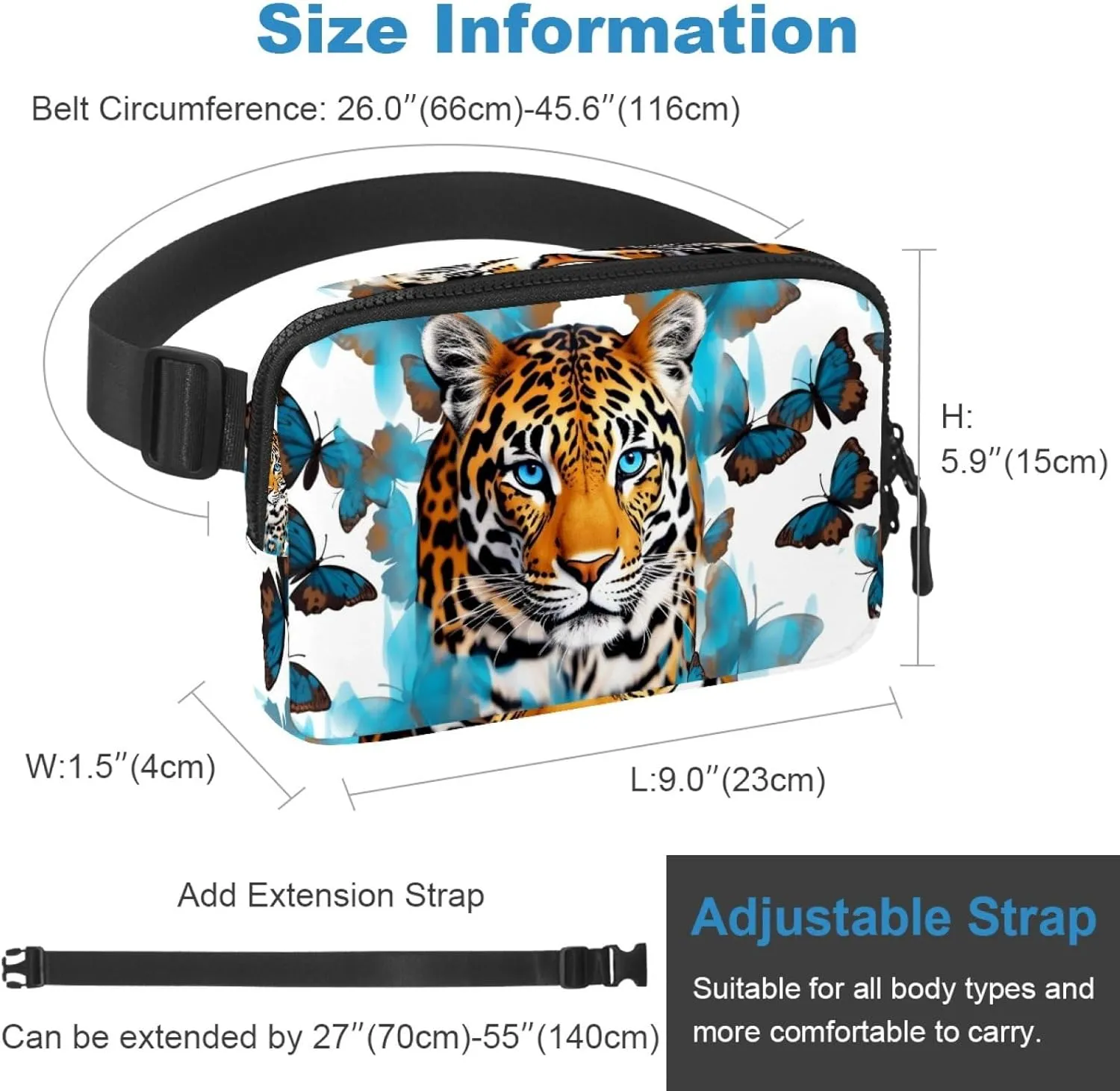 Waterproof Fanny Pack Black Belt Bag with Adjustable Strap for Women and Men,Blue Butterfly Leopard Crossbody Fanny Bag with Zipper for Hiking Running Travel