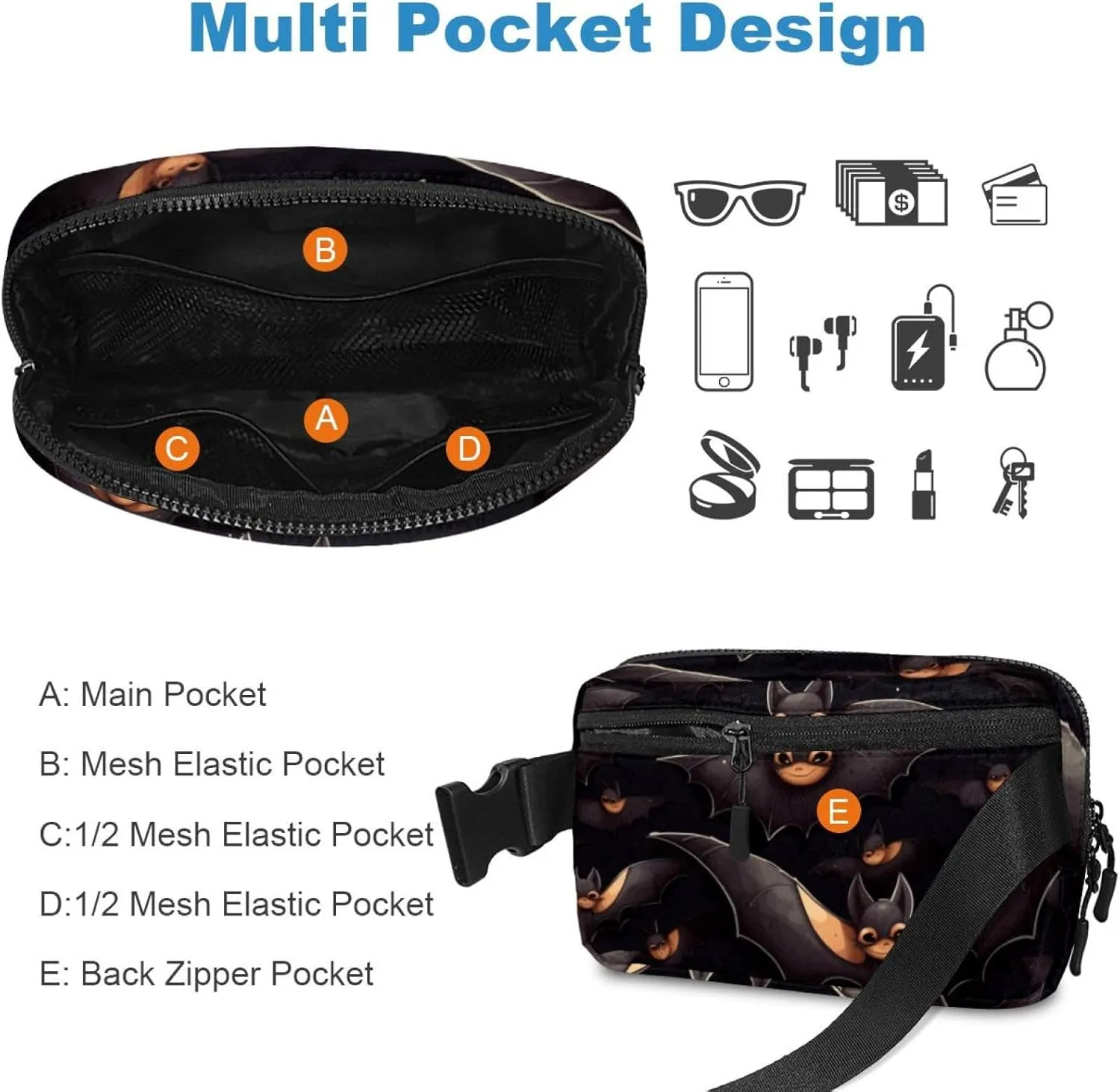 Waterproof Fanny Pack Black Belt Bag with Adjustable Strap for Women and Men,Halloween Bat Pattern Crossbody Fanny Bag with Zipper for Hiking Running Travel