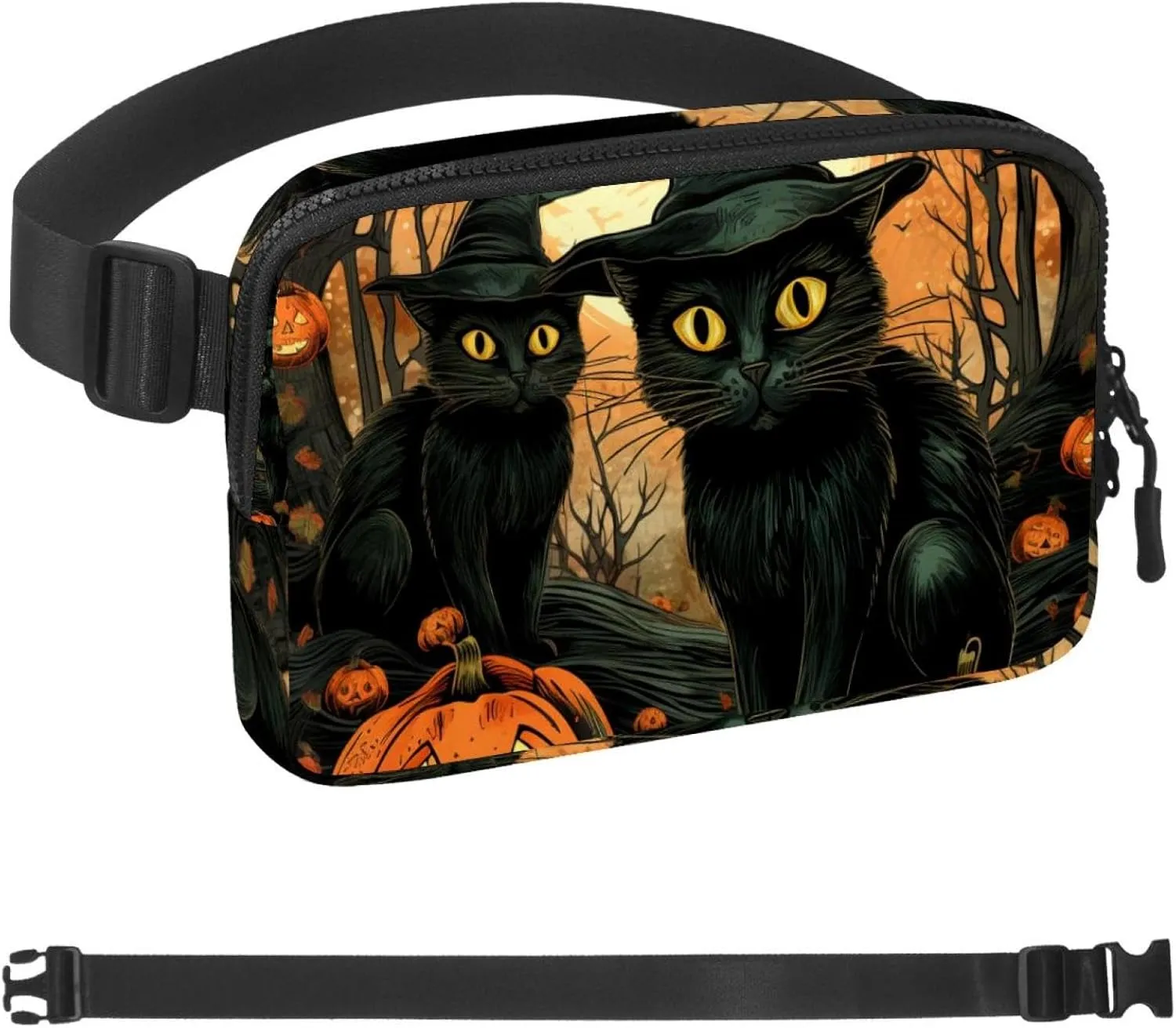 Waterproof Fanny Pack Black Belt Bag with Adjustable Strap for Women and Men,Halloween Cat O Crossbody Fanny Bag with Zipper for Hiking Running Travel