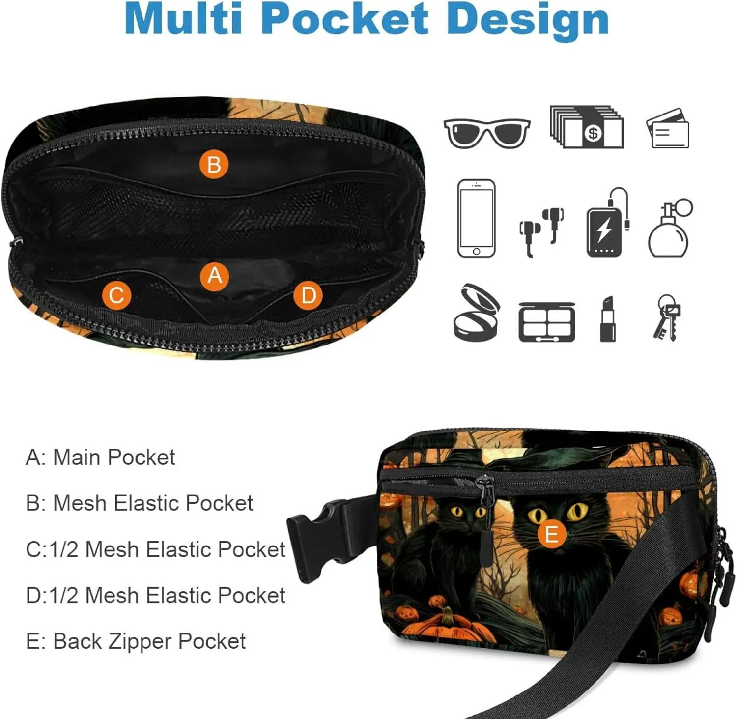 Waterproof Fanny Pack Black Belt Bag with Adjustable Strap for Women and Men,Halloween Cat O Crossbody Fanny Bag with Zipper for Hiking Running Travel
