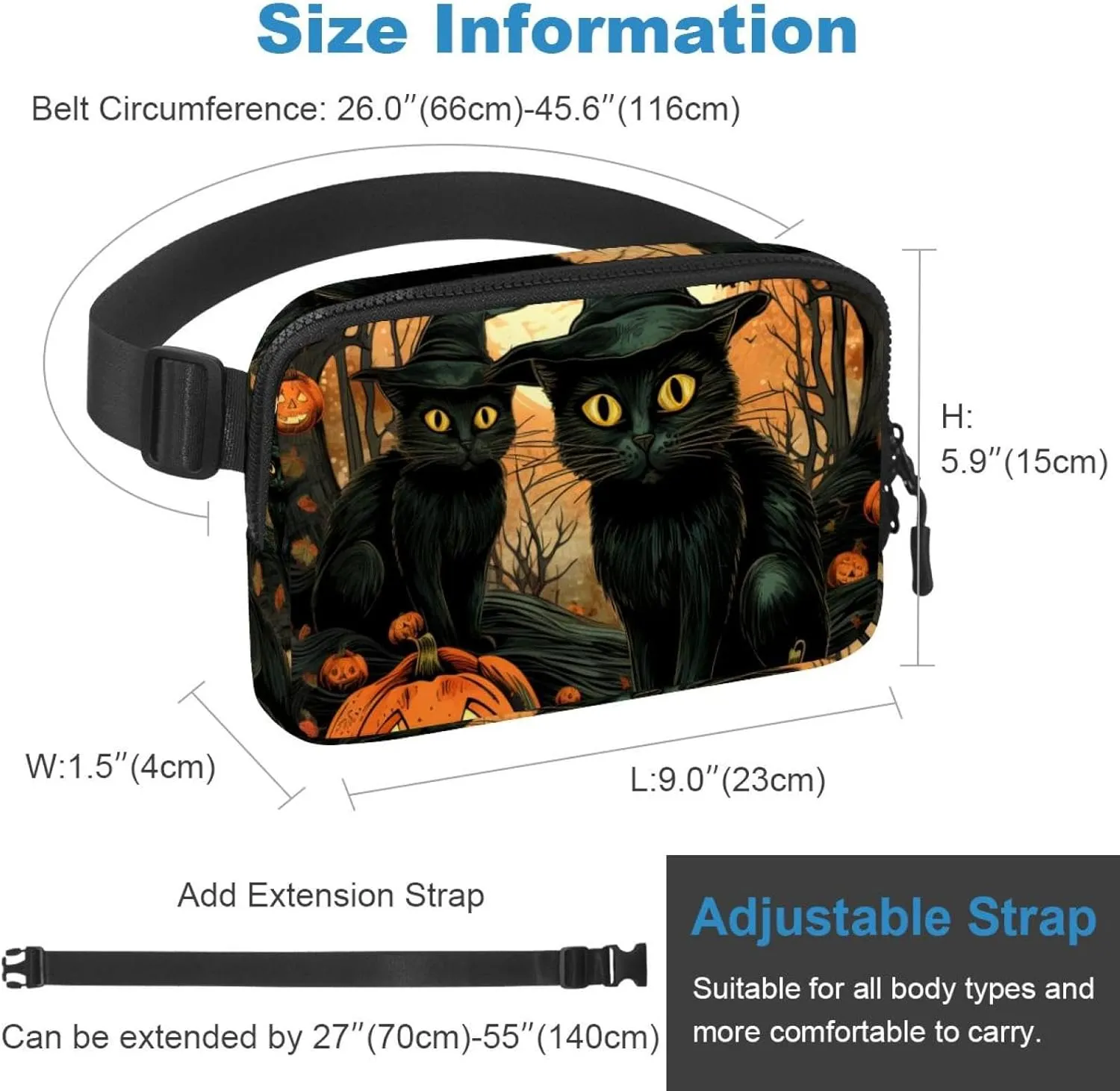 Waterproof Fanny Pack Black Belt Bag with Adjustable Strap for Women and Men,Halloween Cat O Crossbody Fanny Bag with Zipper for Hiking Running Travel