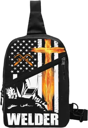 Welder American Flag Welding Fusing Technical Portable Sling Bags Packable Crossbody Bag Foldable Sport Daypack Reusable Shoulder Backpack Diagonally Chest Bag for Workout Travel