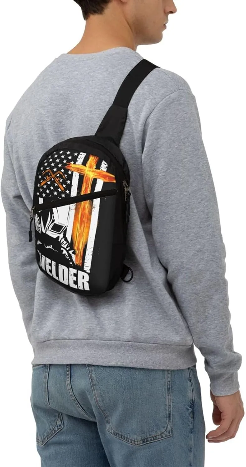Welder American Flag Welding Fusing Technical Portable Sling Bags Packable Crossbody Bag Foldable Sport Daypack Reusable Shoulder Backpack Diagonally Chest Bag for Workout Travel