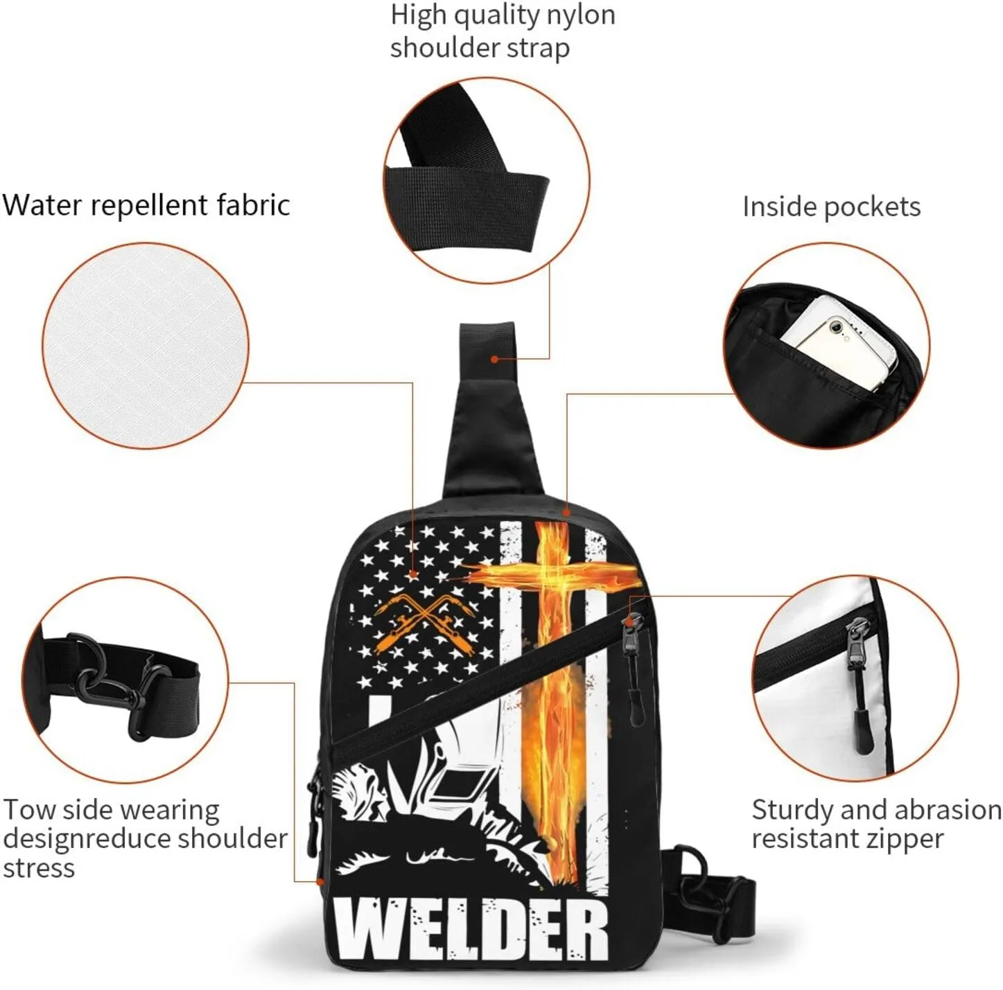 Welder American Flag Welding Fusing Technical Portable Sling Bags Packable Crossbody Bag Foldable Sport Daypack Reusable Shoulder Backpack Diagonally Chest Bag for Workout Travel