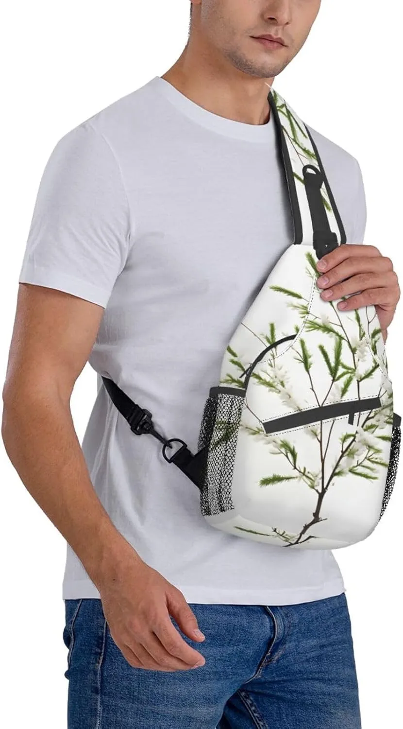 White Natural Plant Green Twig (1) High Storage Capacity Chest Bag Diagonally Sling Backpack Crossbody Shoulder Bag For Men Women