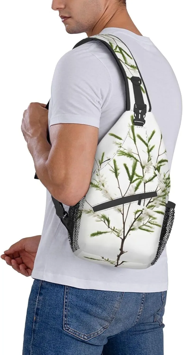 White Natural Plant Green Twig (1) High Storage Capacity Chest Bag Diagonally Sling Backpack Crossbody Shoulder Bag For Men Women