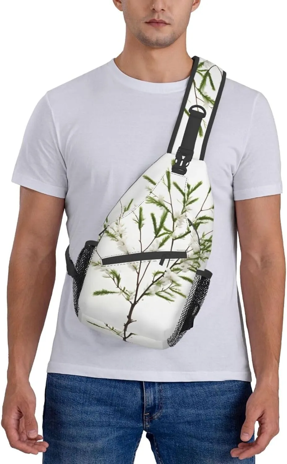 White Natural Plant Green Twig (1) High Storage Capacity Chest Bag Diagonally Sling Backpack Crossbody Shoulder Bag For Men Women