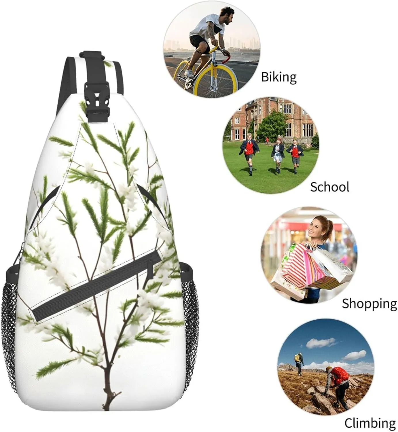 White Natural Plant Green Twig (1) High Storage Capacity Chest Bag Diagonally Sling Backpack Crossbody Shoulder Bag For Men Women