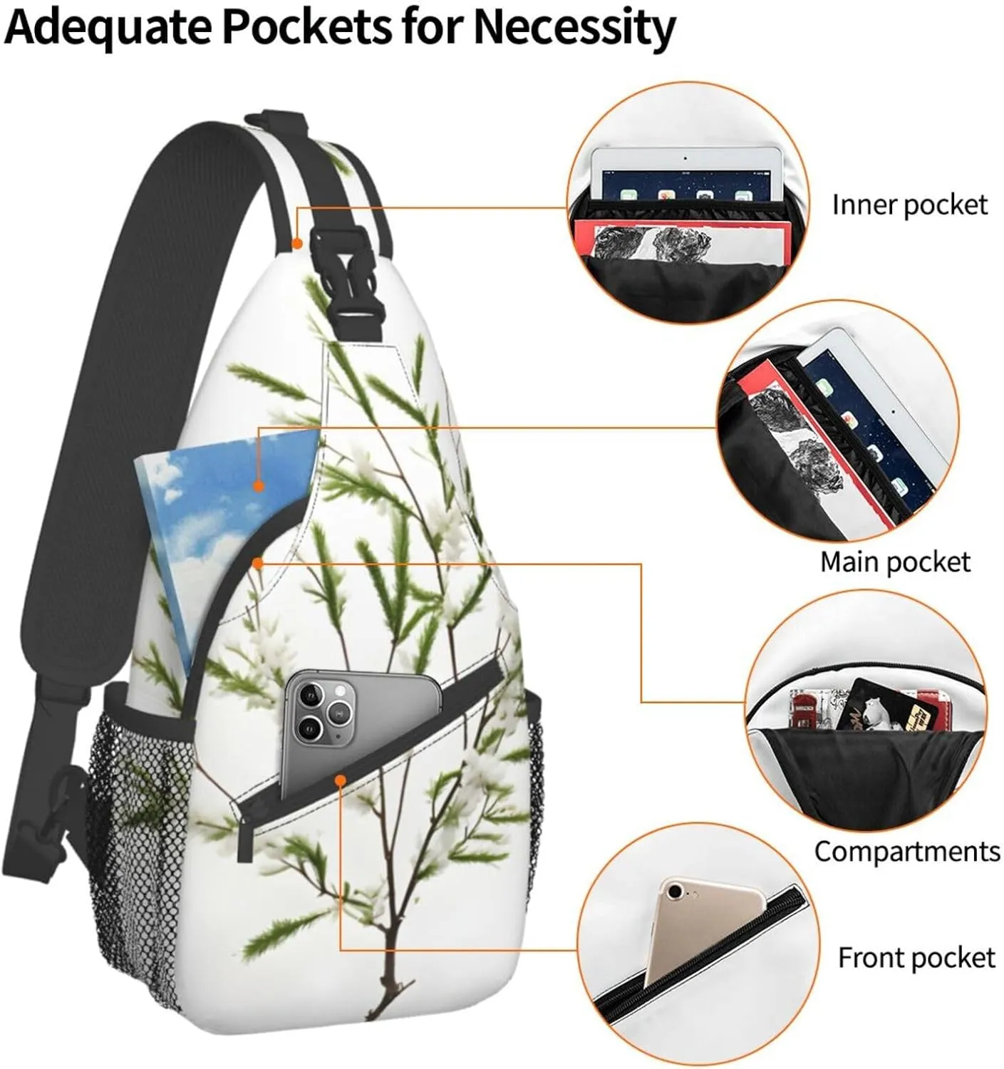 White Natural Plant Green Twig (1) High Storage Capacity Chest Bag Diagonally Sling Backpack Crossbody Shoulder Bag For Men Women