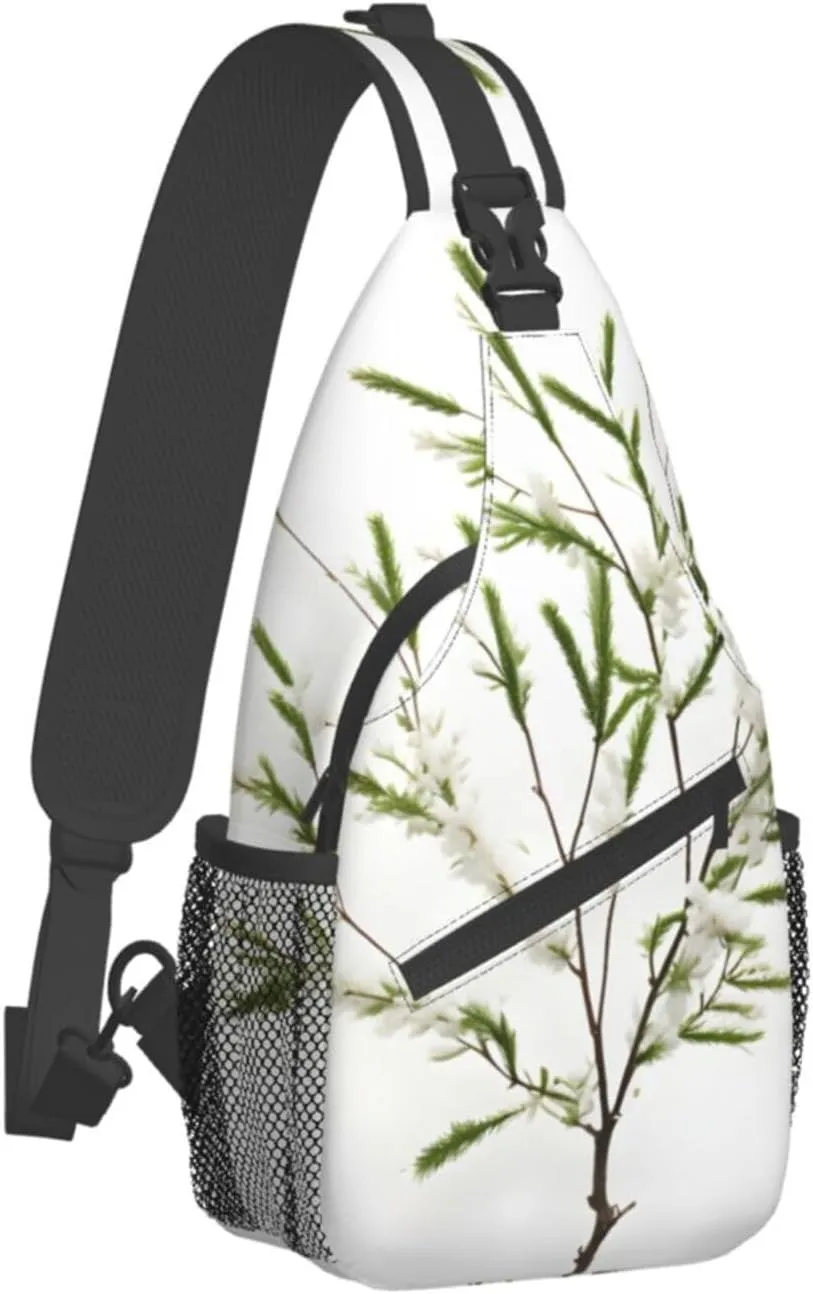 White Natural Plant Green Twig (1) High Storage Capacity Chest Bag Diagonally Sling Backpack Crossbody Shoulder Bag For Men Women