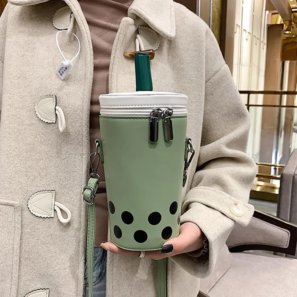 Women Female Polka Dot Milk Tea Cup Bag, Japanese Bucket Shoulder Crossbody Bag, Cute Creative Cylinder Cup Purse With Straw