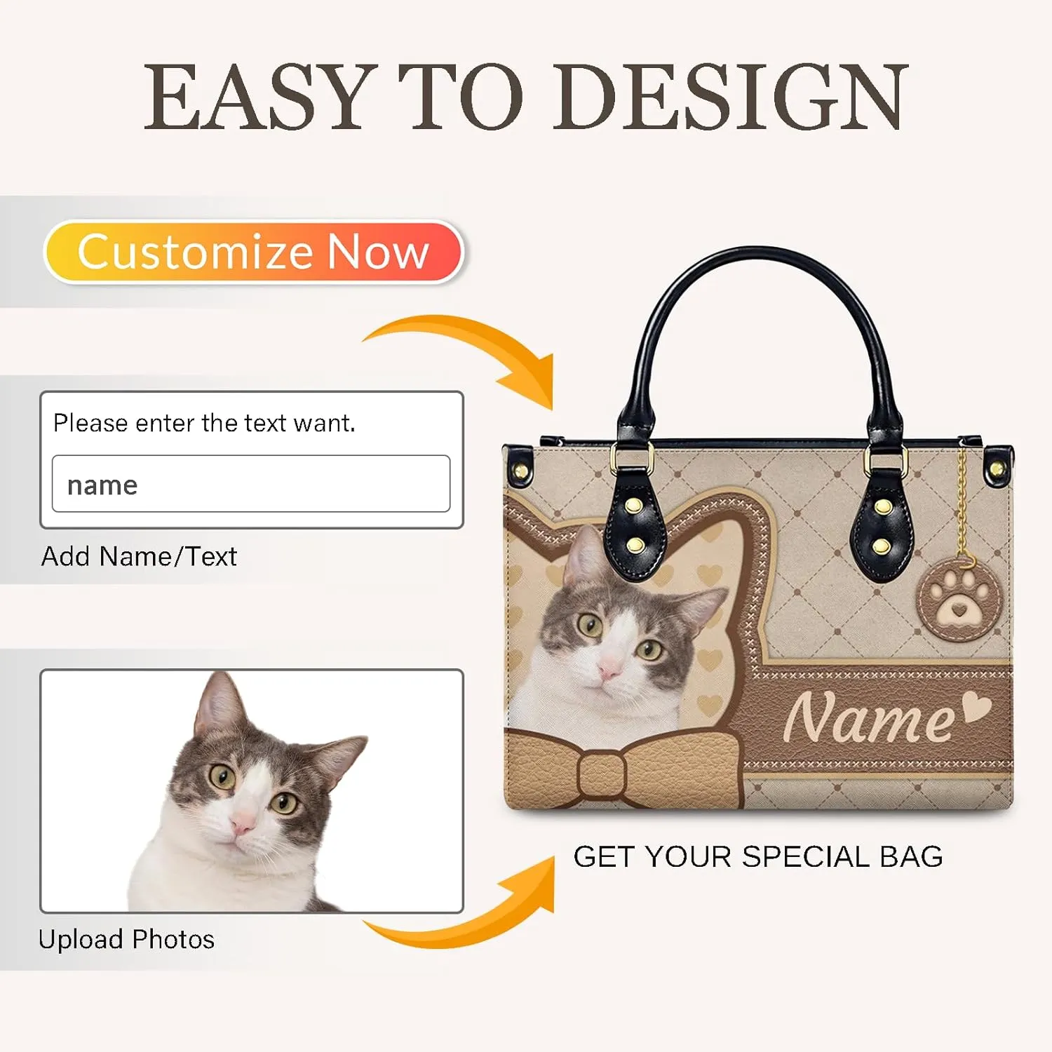 Women Handbag, Fashion Leather Top Handbag, Custom Name Photo Tote Bag, Gift for Mom Teacher Bridesmaid