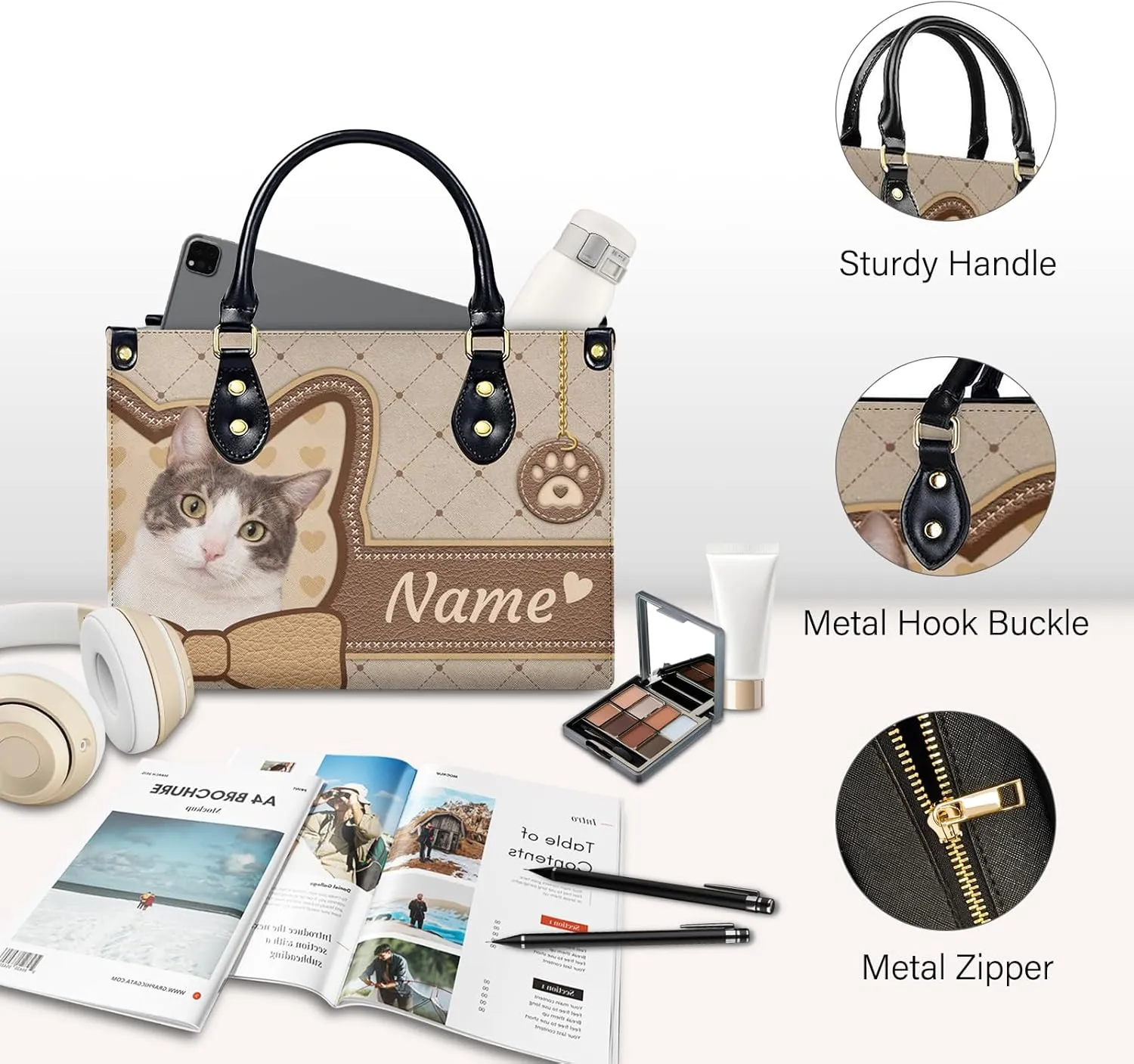 Women Handbag, Fashion Leather Top Handbag, Custom Name Photo Tote Bag, Gift for Mom Teacher Bridesmaid