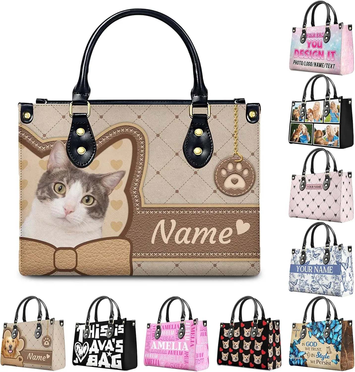 Women Handbag, Fashion Leather Top Handbag, Custom Name Photo Tote Bag, Gift for Mom Teacher Bridesmaid