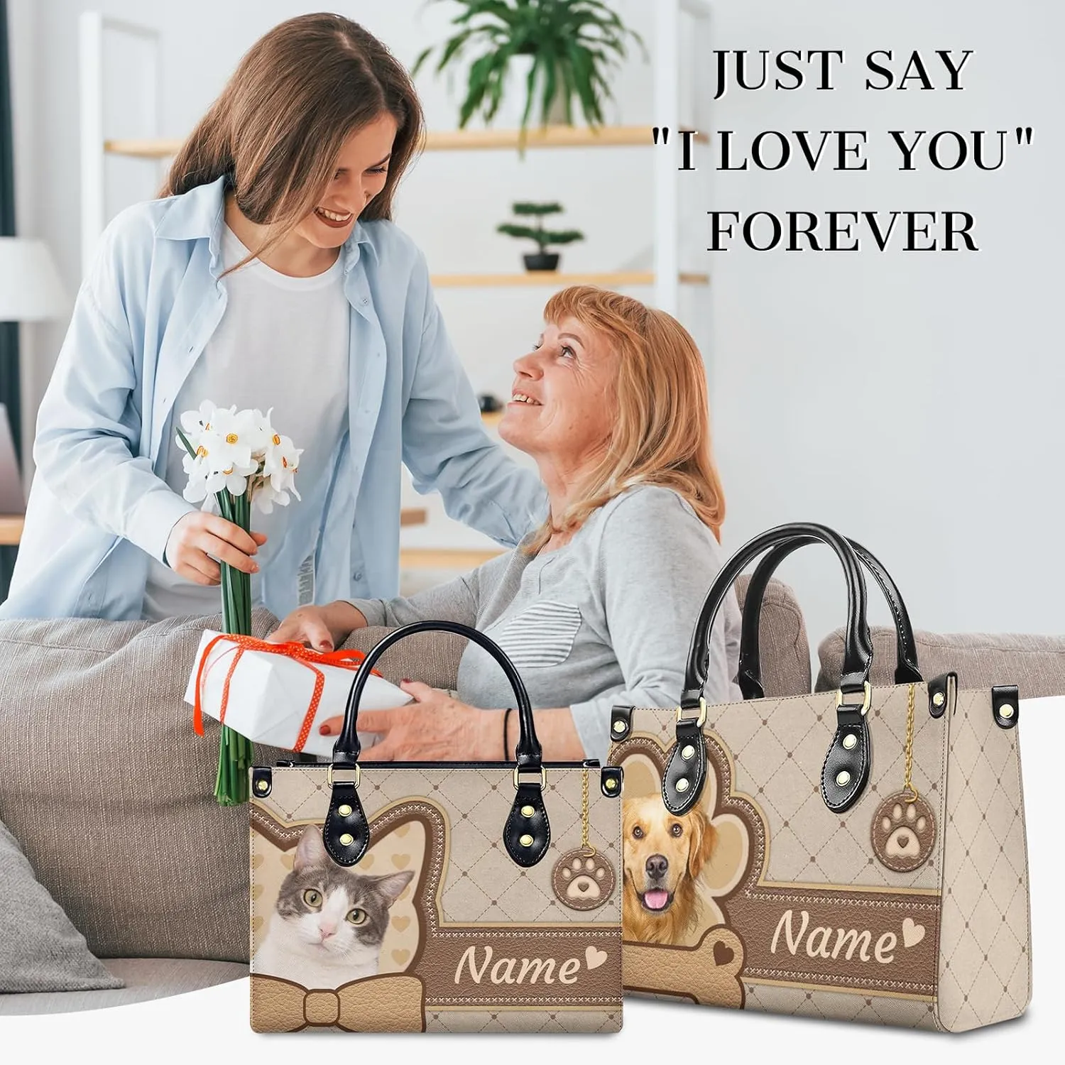 Women Handbag, Fashion Leather Top Handbag, Custom Name Photo Tote Bag, Gift for Mom Teacher Bridesmaid