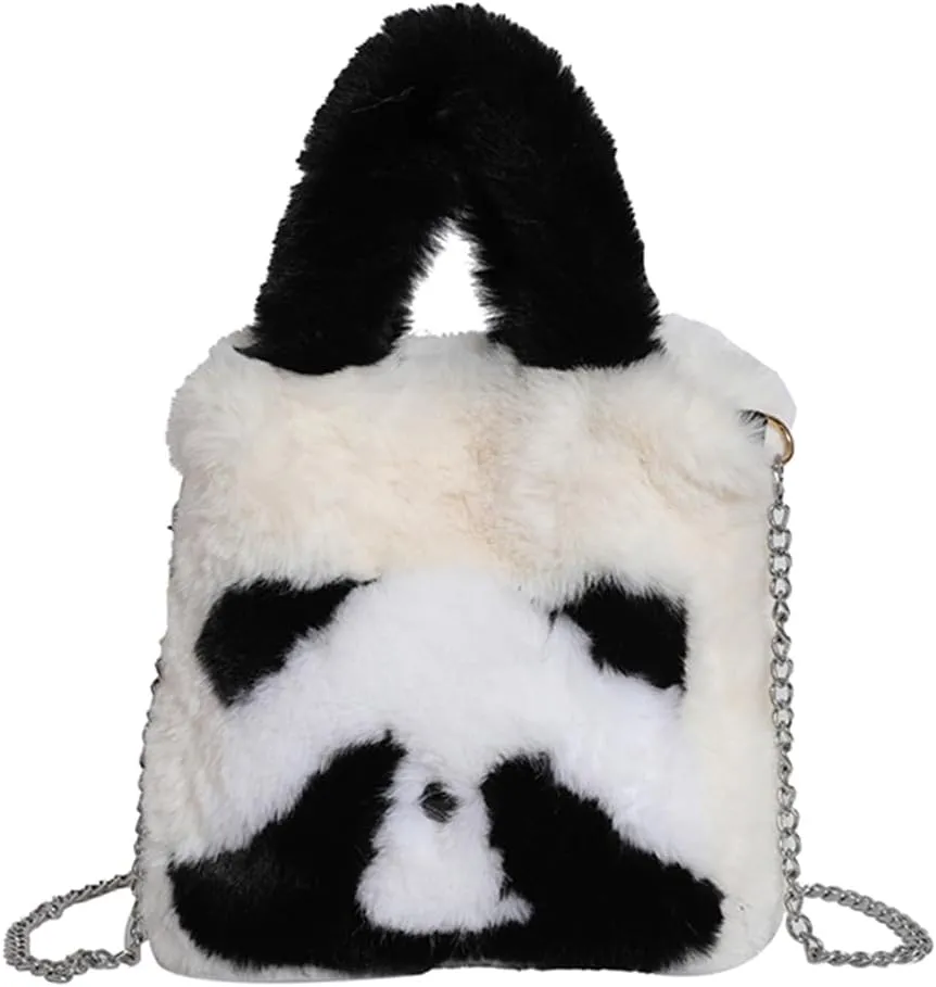 Women Panda Furry Shoulder Bag with Chain Strap Fluffy Panda Crossbody Bag Large Capacity Plush Panda Tote Handbag L