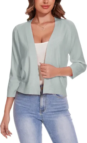 Women's 3/4 Sleeve Open Front Cropped Cardigan Solid Shrugs Lightweight Knit Sweater