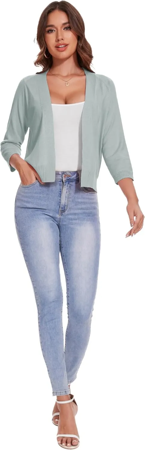 Women's 3/4 Sleeve Open Front Cropped Cardigan Solid Shrugs Lightweight Knit Sweater