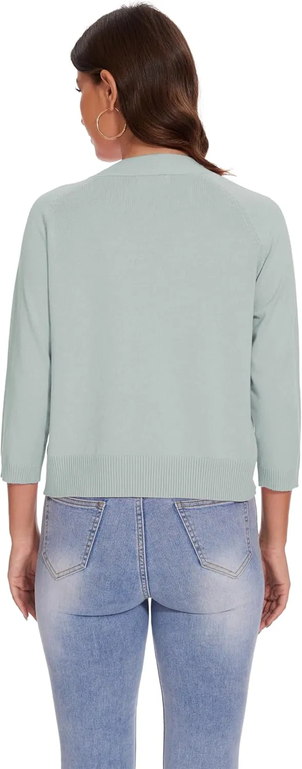 Women's 3/4 Sleeve Open Front Cropped Cardigan Solid Shrugs Lightweight Knit Sweater
