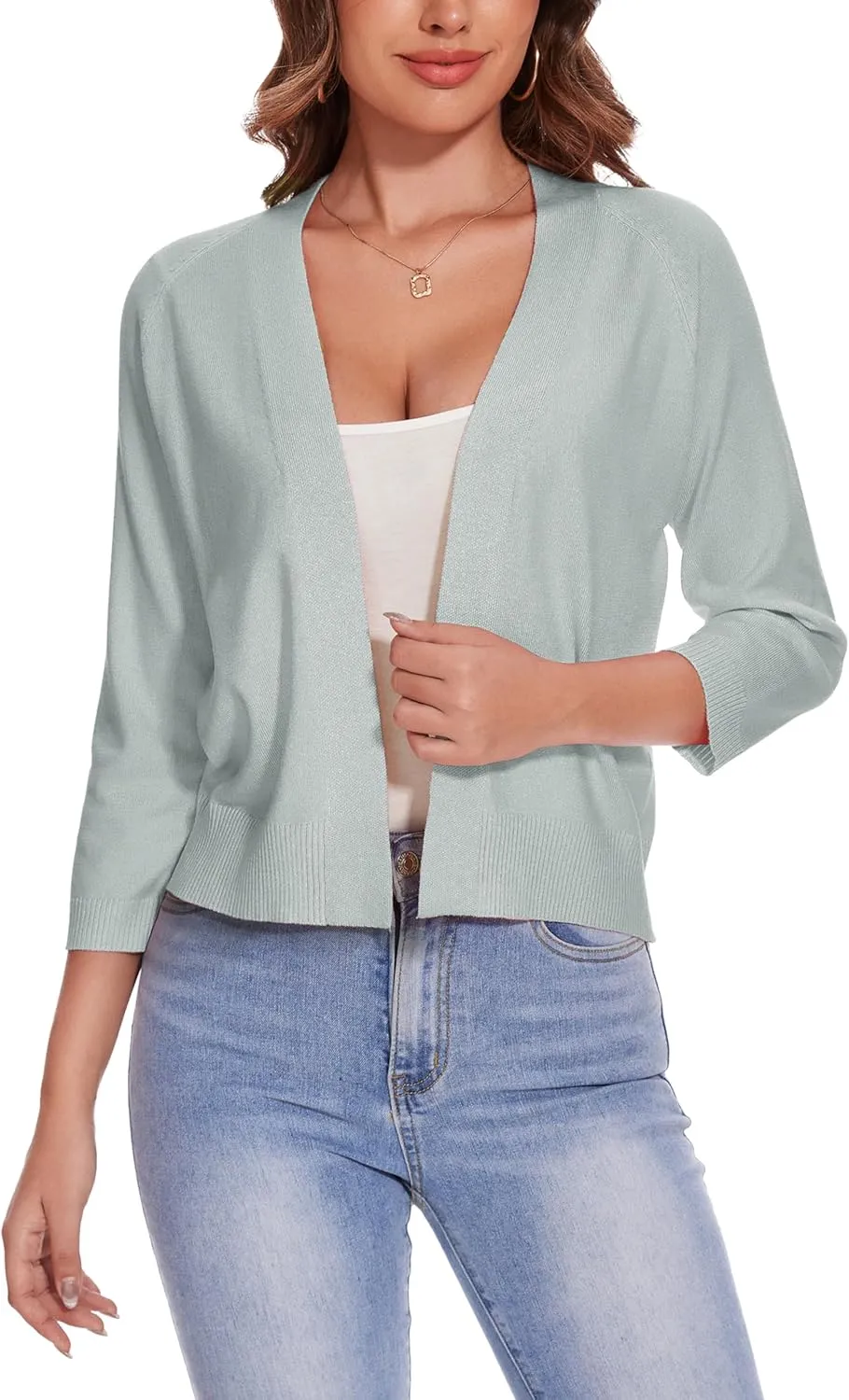 Women's 3/4 Sleeve Open Front Cropped Cardigan Solid Shrugs Lightweight Knit Sweater