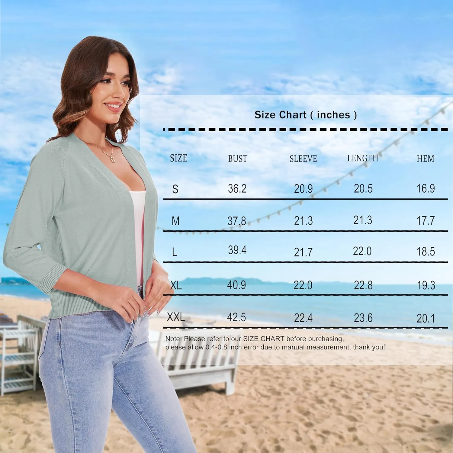 Women's 3/4 Sleeve Open Front Cropped Cardigan Solid Shrugs Lightweight Knit Sweater