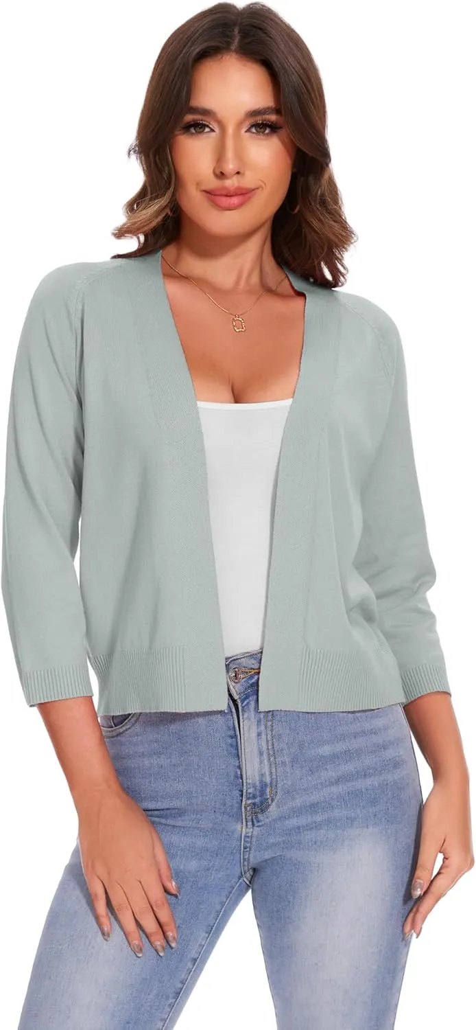 Women's 3/4 Sleeve Open Front Cropped Cardigan Solid Shrugs Lightweight Knit Sweater