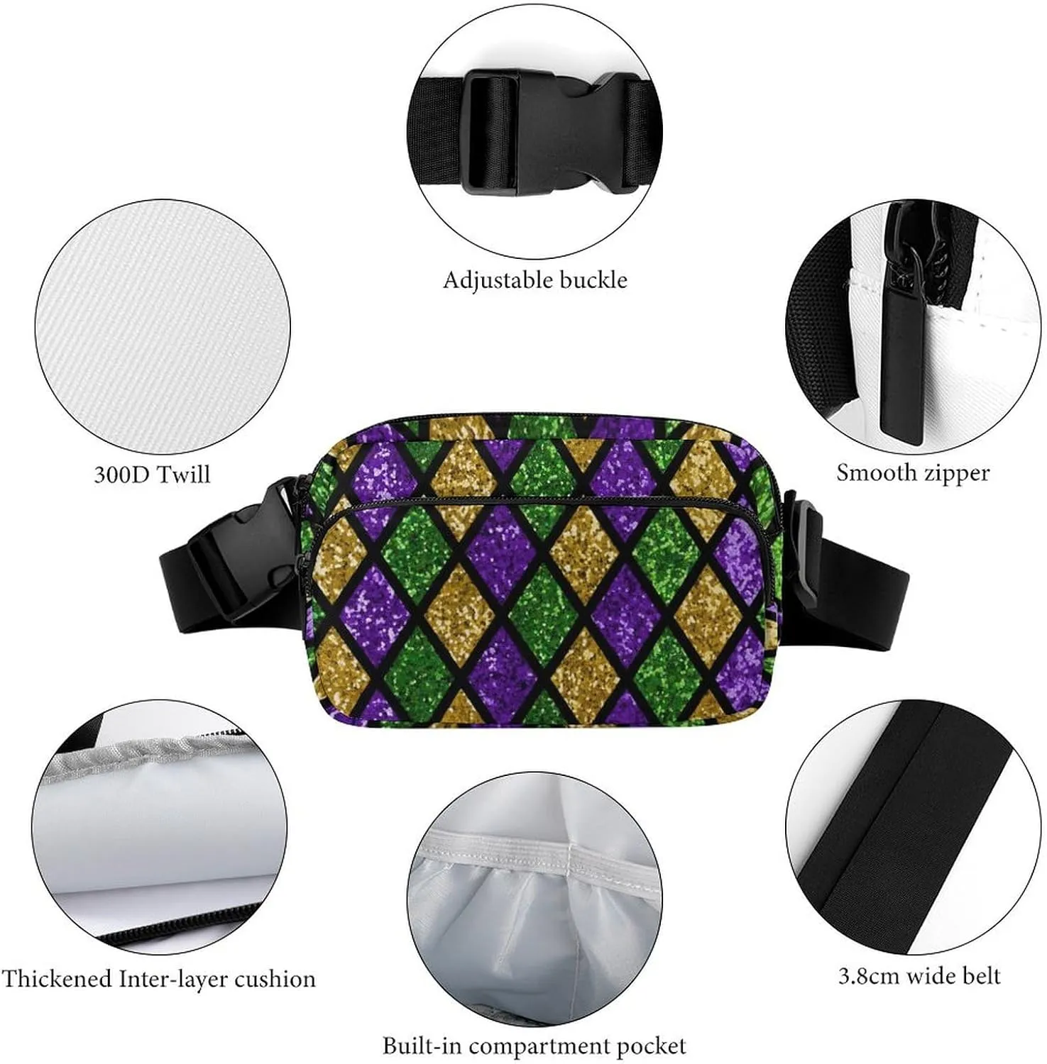 Women's Dress Decor Waist Bag, Unisex Fashion Pack Belt Bag With Adjustable Strap For Running, Hiking & Travel Compatible with Green Purple Gold Glitter Pattern Mardi Gras