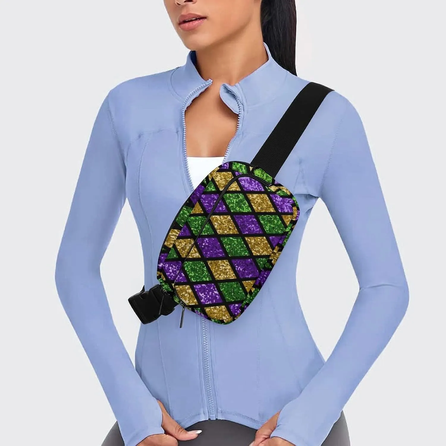 Women's Dress Decor Waist Bag, Unisex Fashion Pack Belt Bag With Adjustable Strap For Running, Hiking & Travel Compatible with Green Purple Gold Glitter Pattern Mardi Gras