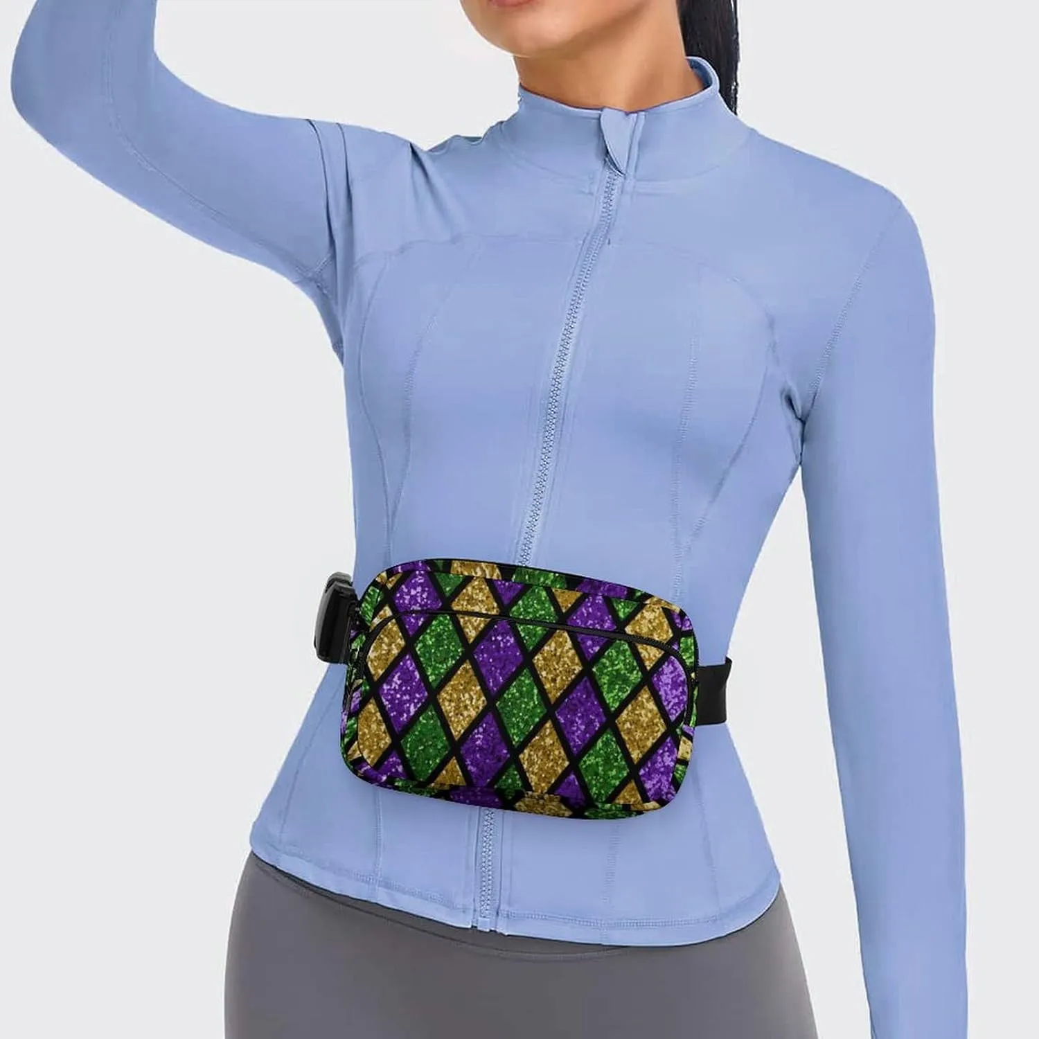 Women's Dress Decor Waist Bag, Unisex Fashion Pack Belt Bag With Adjustable Strap For Running, Hiking & Travel Compatible with Green Purple Gold Glitter Pattern Mardi Gras