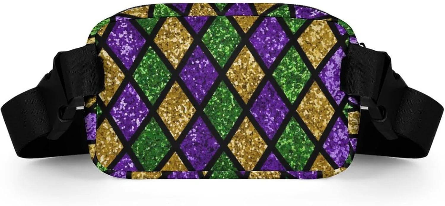 Women's Dress Decor Waist Bag, Unisex Fashion Pack Belt Bag With Adjustable Strap For Running, Hiking & Travel Compatible with Green Purple Gold Glitter Pattern Mardi Gras