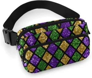 Women's Dress Decor Waist Bag, Unisex Fashion Pack Belt Bag With Adjustable Strap For Running, Hiking & Travel Compatible with Green Purple Gold Glitter Pattern Mardi Gras