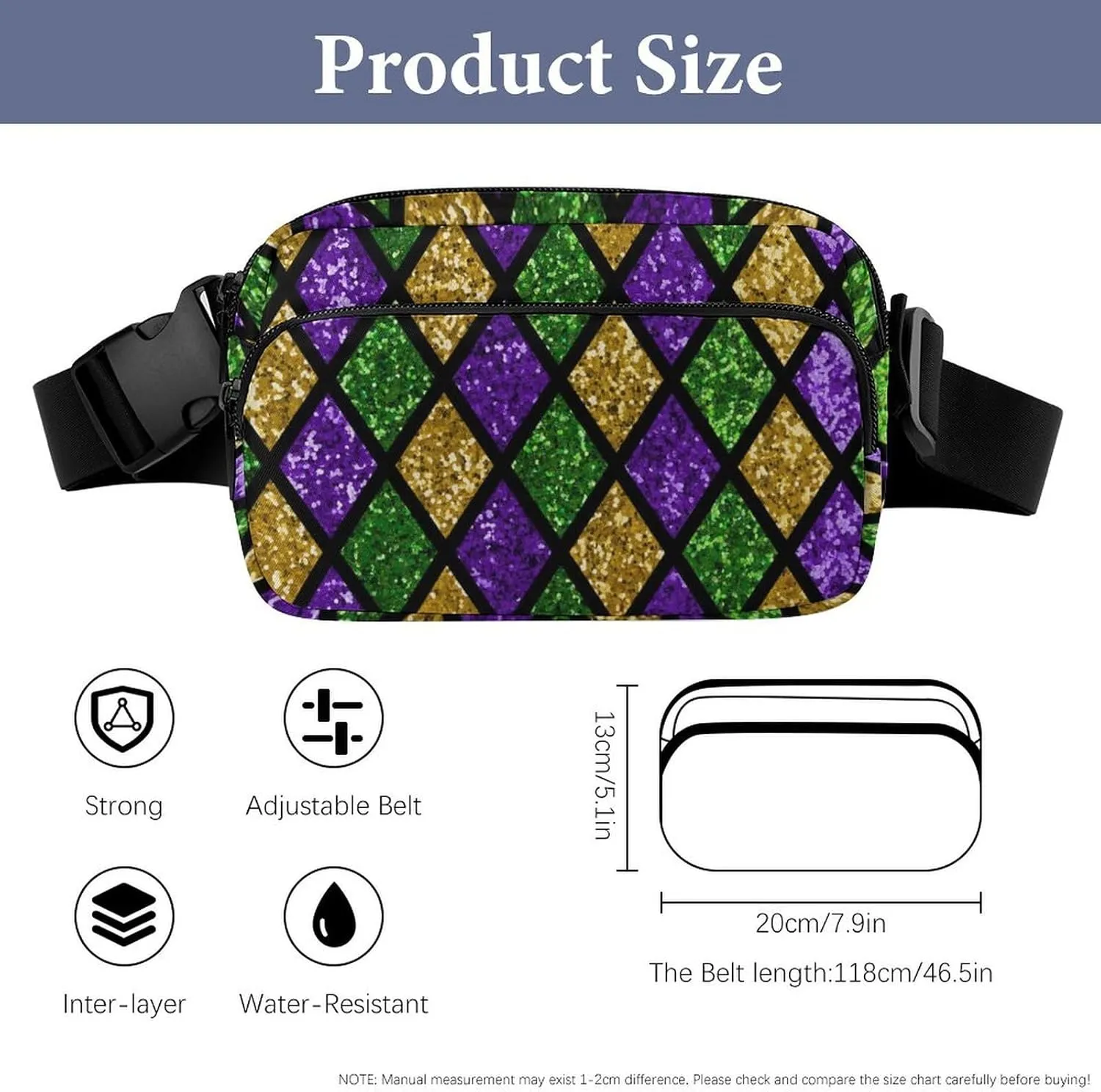 Women's Dress Decor Waist Bag, Unisex Fashion Pack Belt Bag With Adjustable Strap For Running, Hiking & Travel Compatible with Green Purple Gold Glitter Pattern Mardi Gras