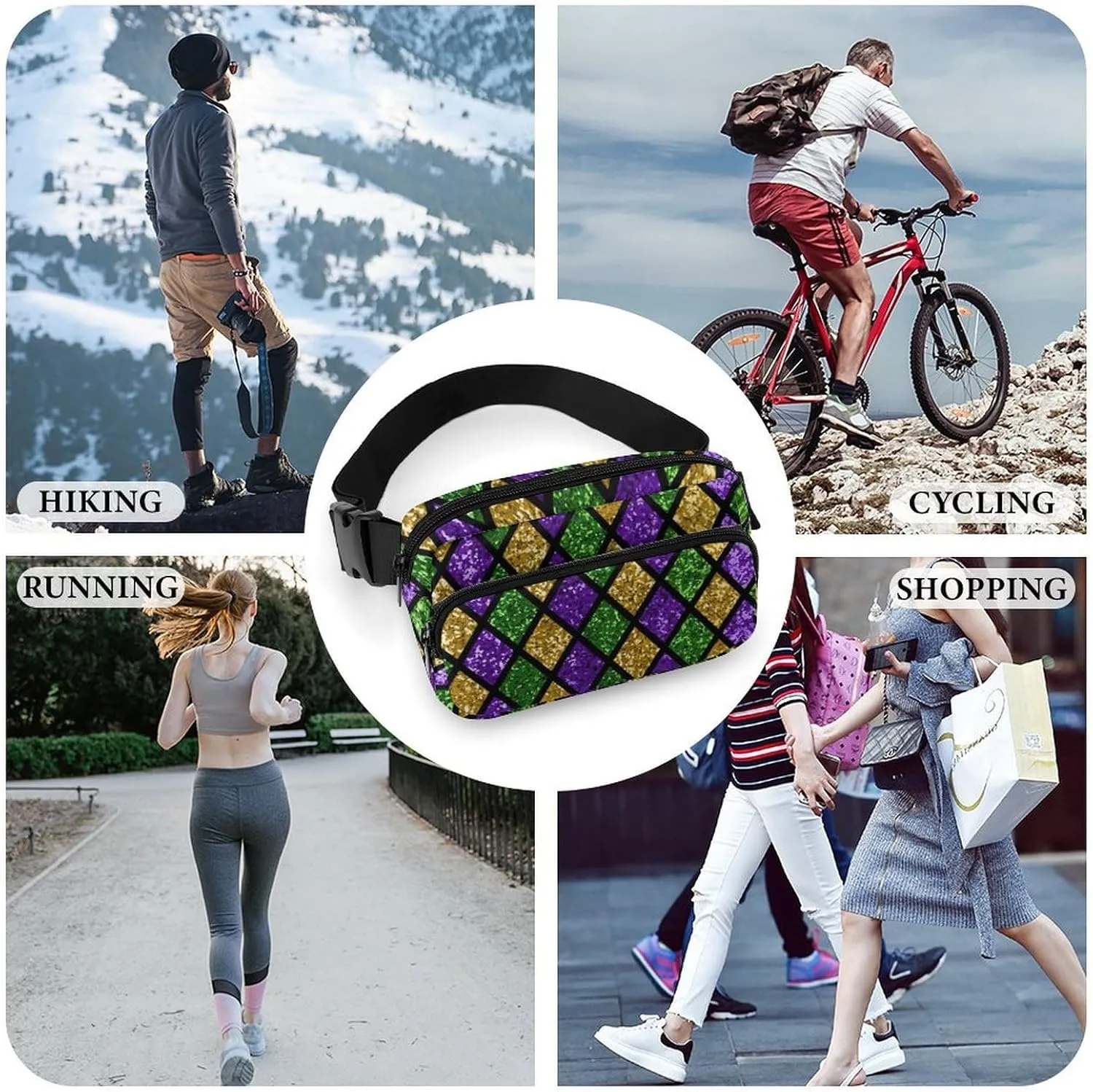 Women's Dress Decor Waist Bag, Unisex Fashion Pack Belt Bag With Adjustable Strap For Running, Hiking & Travel Compatible with Green Purple Gold Glitter Pattern Mardi Gras