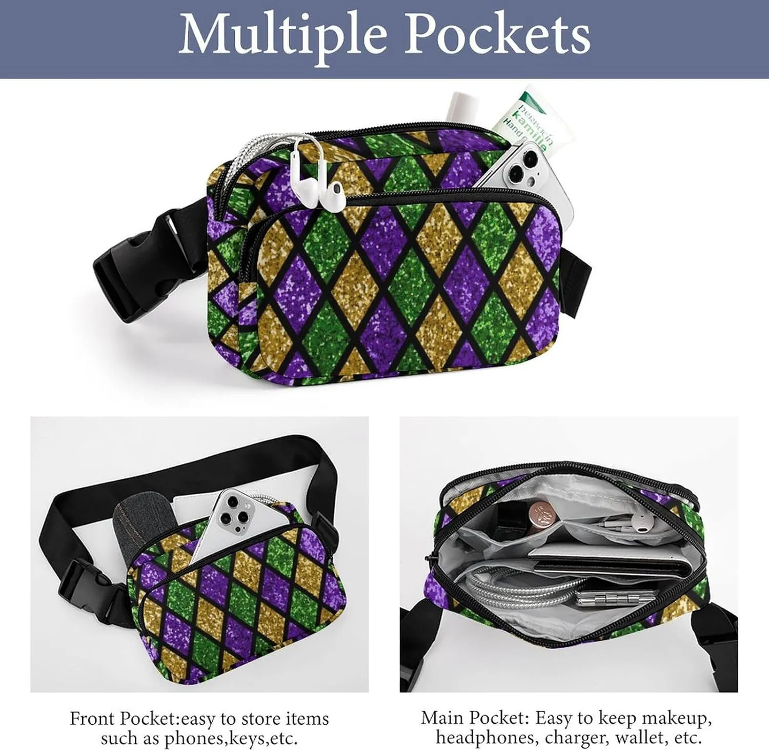 Women's Dress Decor Waist Bag, Unisex Fashion Pack Belt Bag With Adjustable Strap For Running, Hiking & Travel Compatible with Green Purple Gold Glitter Pattern Mardi Gras