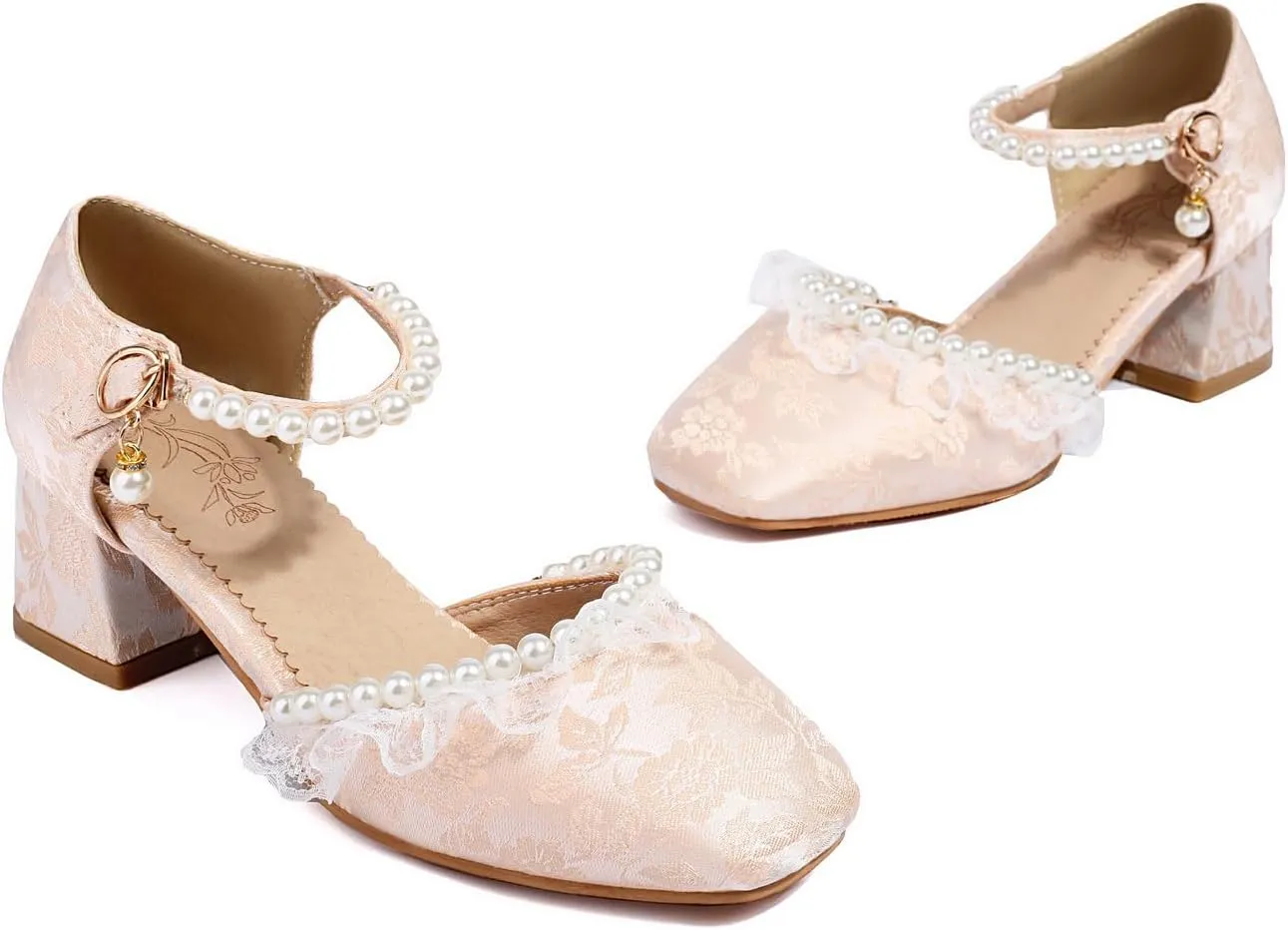Women's JS44 Square Heels Printing Block Fabric Low Block D-Orsay Pumps