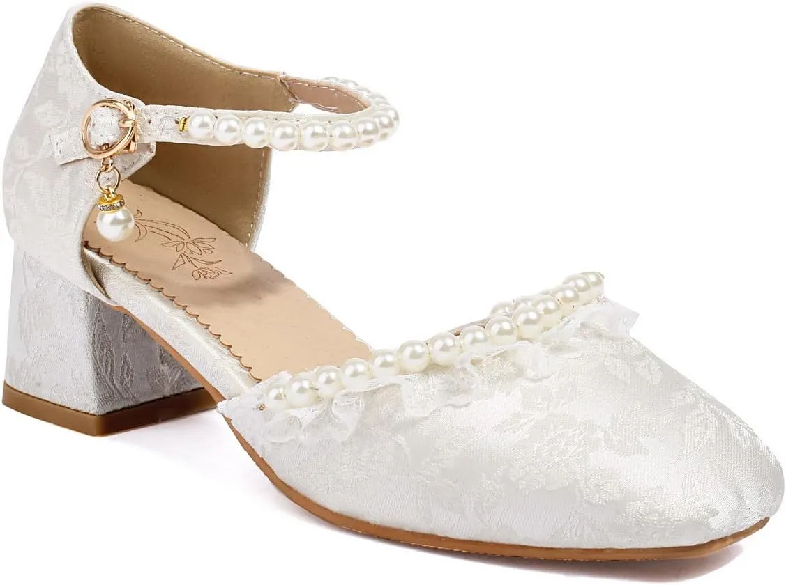 Women's JS44 Square Heels Printing Block Fabric Low Block D-Orsay Pumps