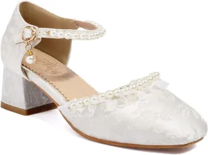 Women's JS44 Square Heels Printing Block Fabric Low Block D-Orsay Pumps