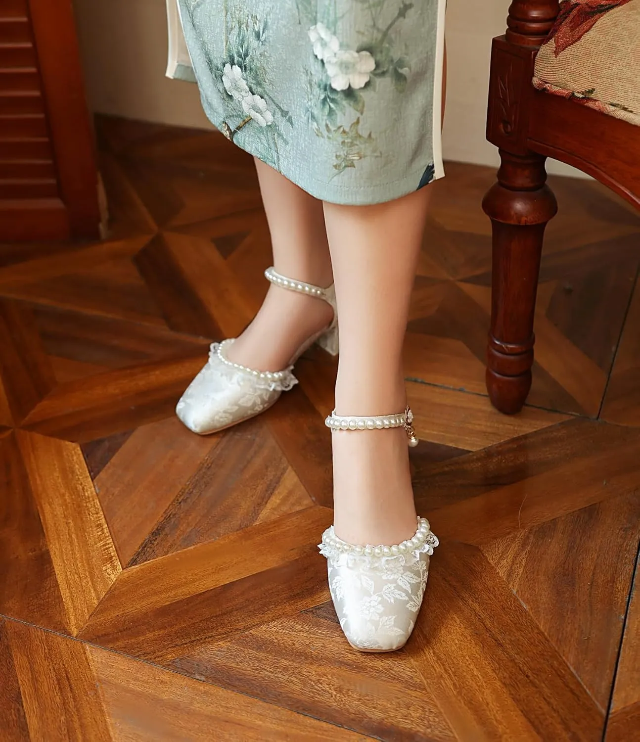 Women's JS44 Square Heels Printing Block Fabric Low Block D-Orsay Pumps