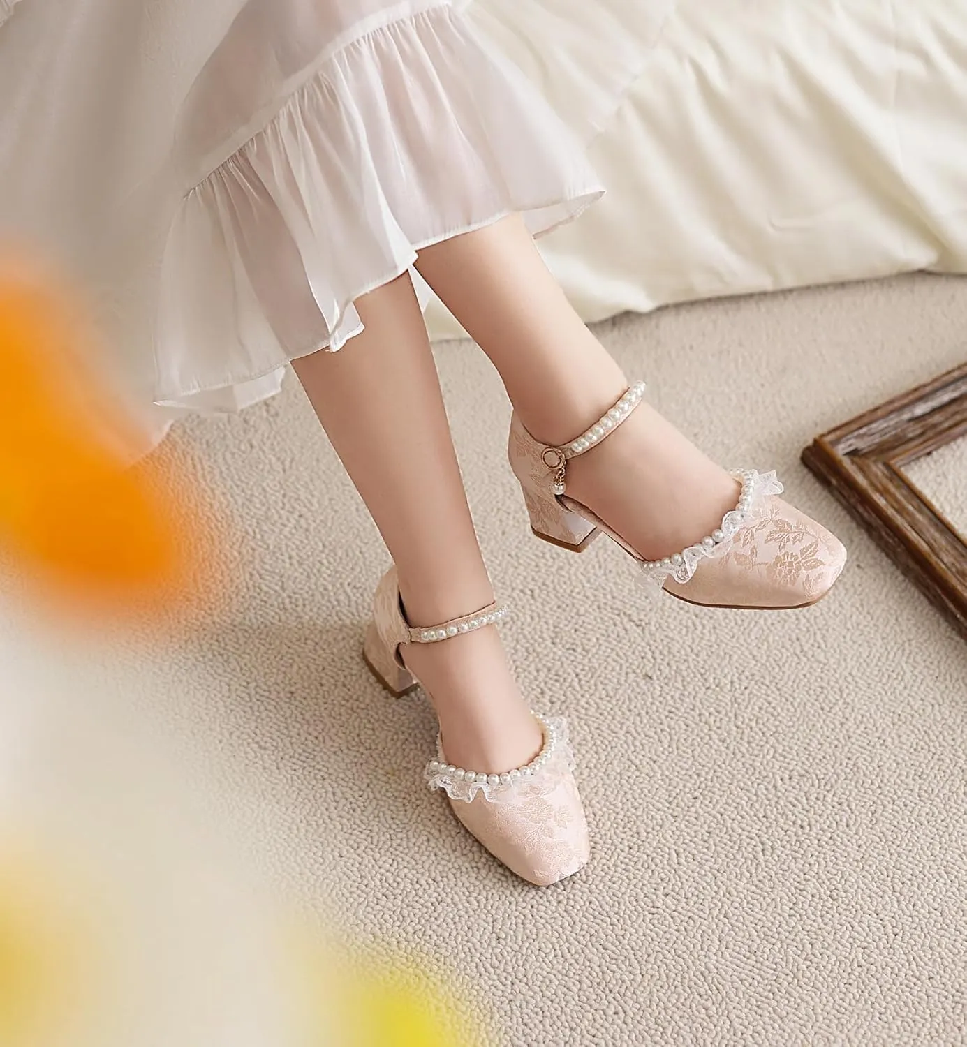 Women's JS44 Square Heels Printing Block Fabric Low Block D-Orsay Pumps