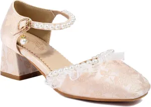 Women's JS44 Square Heels Printing Block Fabric Low Block D-Orsay Pumps