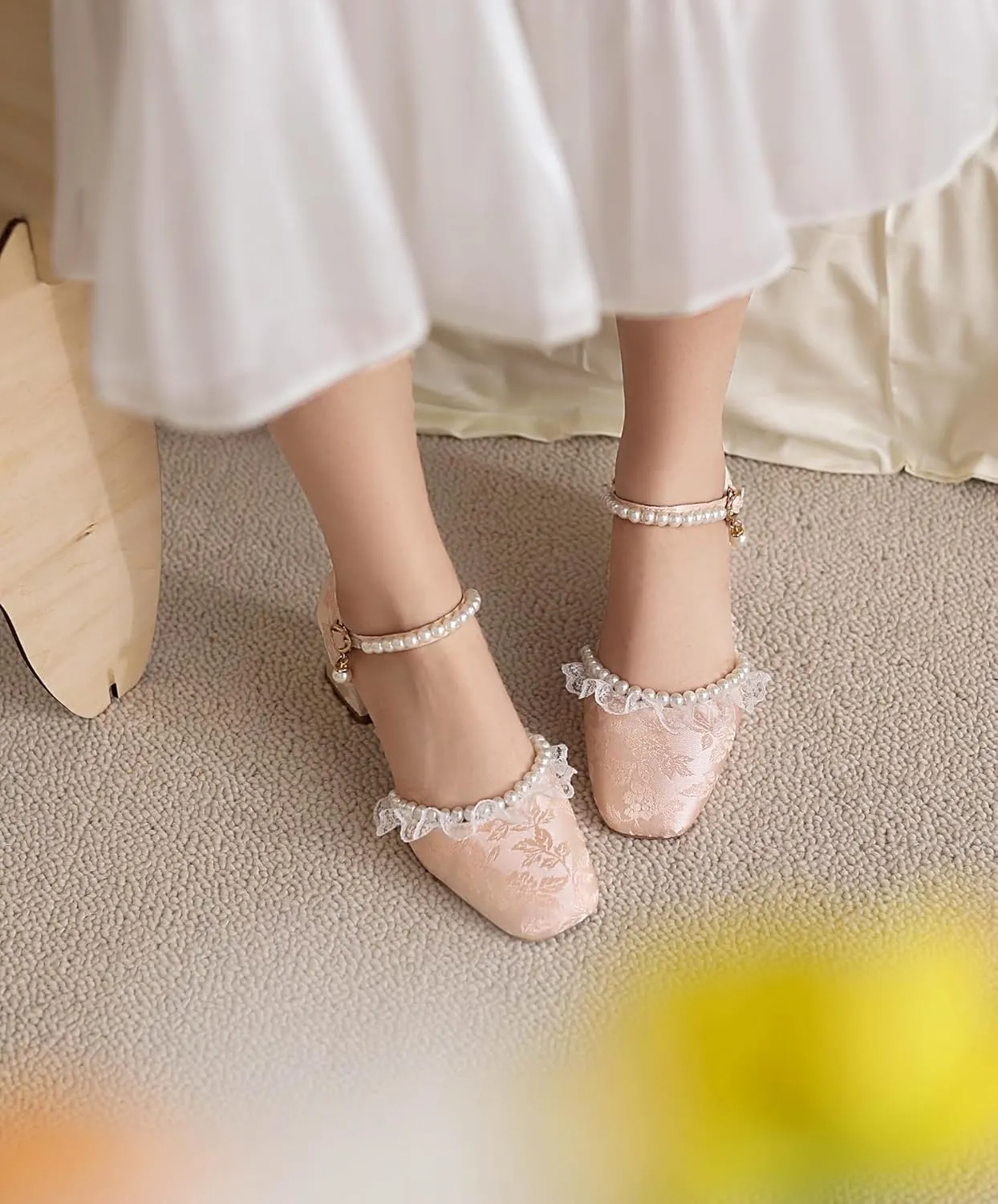 Women's JS44 Square Heels Printing Block Fabric Low Block D-Orsay Pumps