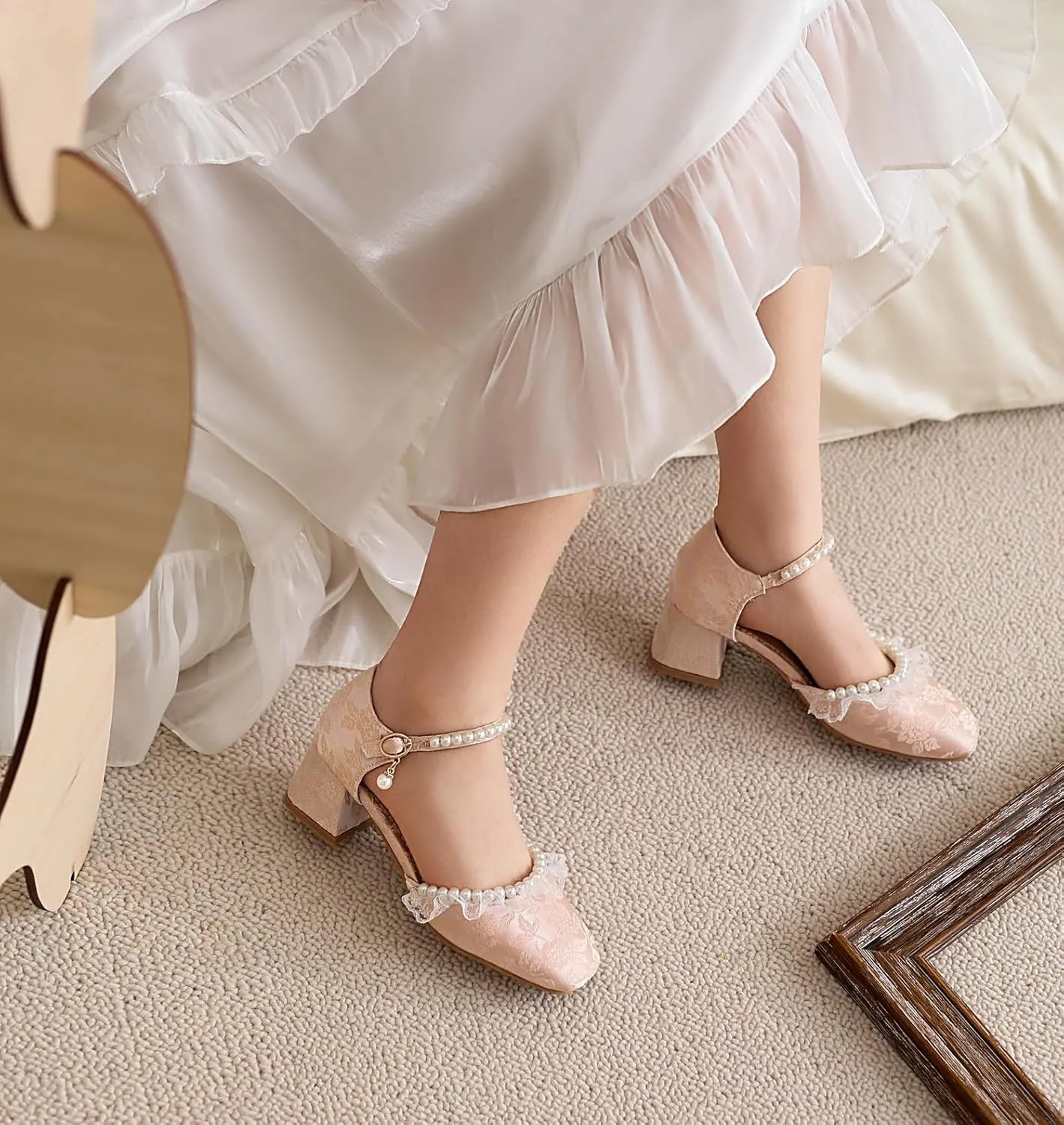 Women's JS44 Square Heels Printing Block Fabric Low Block D-Orsay Pumps
