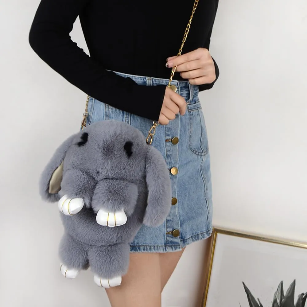 Womens' Plush Cartoon Rabbit Shaped Fluffy Crossbody Faux Fur Bunny Hare Shoulder Bag Knapsack Travel Sling Bag