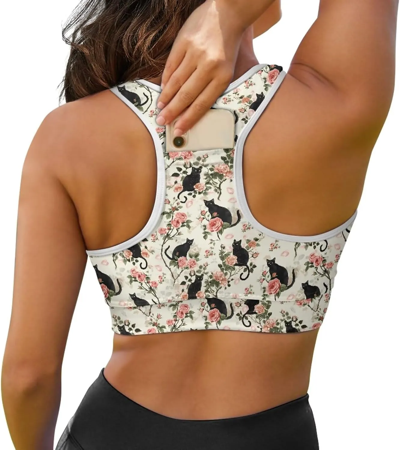 Womens Sports Yoga Bra with Built in Bra, Wireless Bra Workout Tops with Pocket at Back, Medium Support Running Bra