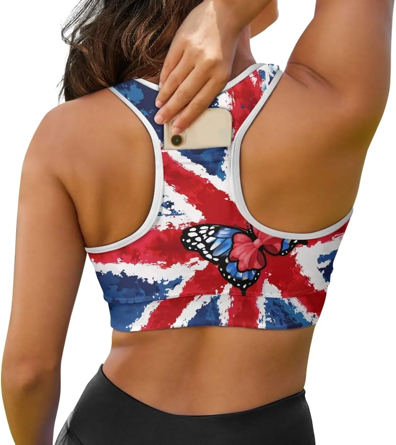 Womens Sports Yoga Bra with Built in Bra, Wireless Bra Workout Tops with Pocket at Back, Medium Support Running Bra