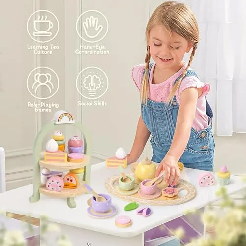 Wooden Tea Party Set for Little Girls Toddler Tea Set with Cupcake Stand & Food Dessert, Play Kitchen Accessories for Toddlers 2 3 4 5 6 Years Old, Wooden Toys Birthday Kids Girls Gifts 3-6