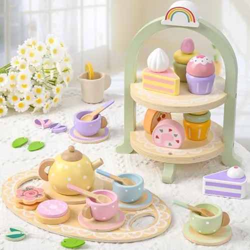 Wooden Tea Party Set for Little Girls Toddler Tea Set with Cupcake Stand & Food Dessert, Play Kitchen Accessories for Toddlers 2 3 4 5 6 Years Old, Wooden Toys Birthday Kids Girls Gifts 3-6