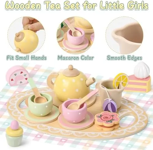 Wooden Tea Party Set for Little Girls Toddler Tea Set with Cupcake Stand & Food Dessert, Play Kitchen Accessories for Toddlers 2 3 4 5 6 Years Old, Wooden Toys Birthday Kids Girls Gifts 3-6