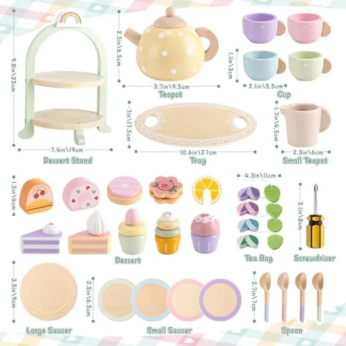 Wooden Tea Party Set for Little Girls Toddler Tea Set with Cupcake Stand & Food Dessert, Play Kitchen Accessories for Toddlers 2 3 4 5 6 Years Old, Wooden Toys Birthday Kids Girls Gifts 3-6